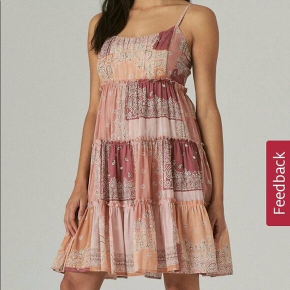 Lucky Brand Tiered Mini Dress Pink Patchwork Print Boho Spaghetti Straps Size S - Picture 1 of 15